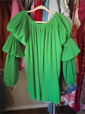Nasty Gal Bright Green Pleated Puff Sleeve Bardot Dress